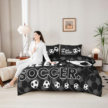 Erosebridal Black Football Games Boys Full Comforter Set 7 Pieces | Soccer Gaming Theme Bed in A Bag for Bedroom Sports Pattern Bedding Set with Comforters Kids Teens Room Decor