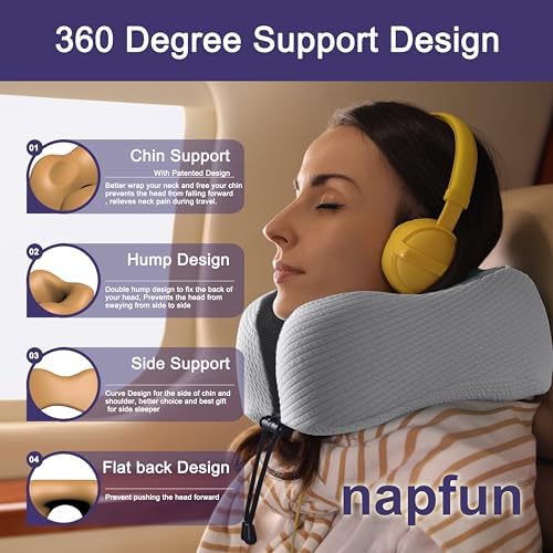 napfun Neck Pillow for Travel, Memory Foam Airplane Pillow, Mist Gray