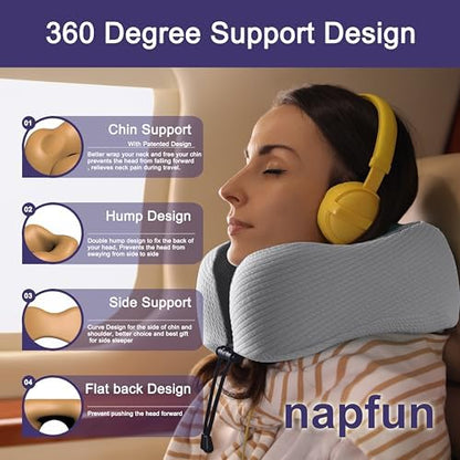 napfun Neck Pillow for Travel, Memory Foam Airplane Pillow, Mist Gray