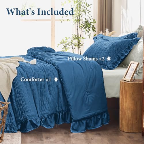JOLLYVOGUE Teal Queen Comforter Set, 3 Pieces Seersucker Comforters Queen Size, Lightweight & Fluffy Bedding Sets Queen for All Season with 1 Ruffle Comforter and 2 Ruffle Pillowshams