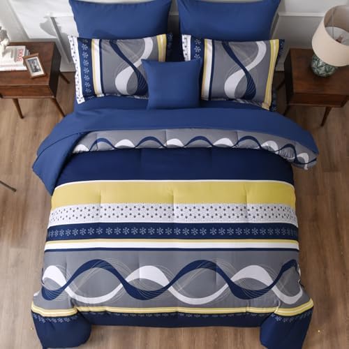 Anibedding Navy Blue Comforter Set King Size,8 Pieces Striped Bed in a Bag