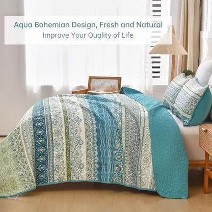 WONGS BEDDING Boho Quilt Queen Size,3 Pcs Aqua Bedspread Bedding Set