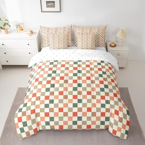 jejeloiu Orange Green Red Bedding Set 7Pcs King Size Kids Buffalo Plaid Comforter Set with Sheets for Boys Girls Checkered Grid Bed in a Bag Soft Lightweight,Microfiber