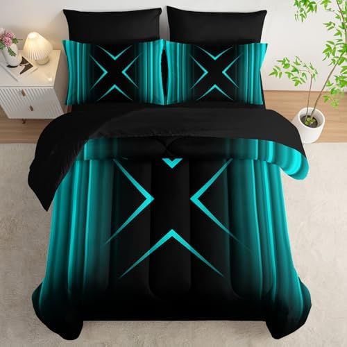 Nttopship Turquoise Black Geometric Comforter Set King Size 7Pieces,3D Abstract Mordern Printed Bedding Set for Adults,Geometric Mordern Decor All Seasons with Pillowcases,Flat, Fitted Sheet
