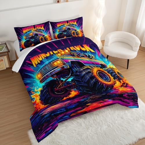 Kids Cartoon Truck Comforter Set King Size with 2 Pillowcases.