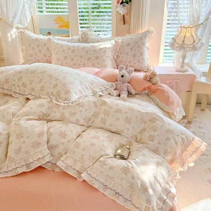 Vintage Floral Duvet Cover Set Twin, Chic Coquette Flower Botanical Bedding Set with Ruffle Lace, French Style 100% Cotton Cottagecore Duvet Cover, Aesthetic Flower Princess Lace Bedding Set Twin