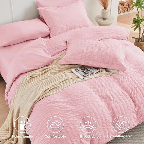 HYMOKEGE Pink King Size Comforter Set Seersucker 7 Pieces, All Season Luxury Bed in a Bag for Bedroom, Bedding Set with Comforters, Sheets, Pillowcases & Shams
