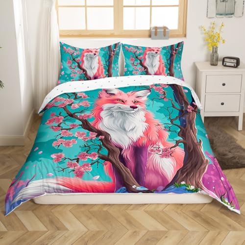Feelyou Kids Fox Duvet Cover Full Size Cherry Blossoms Bedding Set Boys Girls Japanese Style Comforter Cover Set Cute Kawaii Animal Pattern Sakura Flower Bedspread Cover（No Comforter