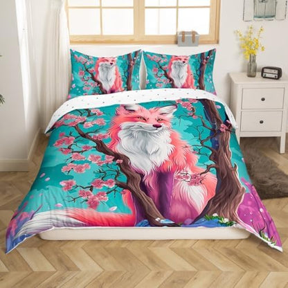 Feelyou Kids Fox Duvet Cover Full Size Cherry Blossoms Bedding Set Boys Girls Japanese Style Comforter Cover Set Cute Kawaii Animal Pattern Sakura Flower Bedspread Cover（No Comforter