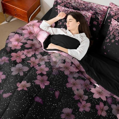 Erosebridal Cherry Blossom Twin Comforter Set Pink Flower 7 Pieces Bedding Petal Floral Bed Set with Sheets Starry Sky Girly Bed in A Bag Bedroom Decor