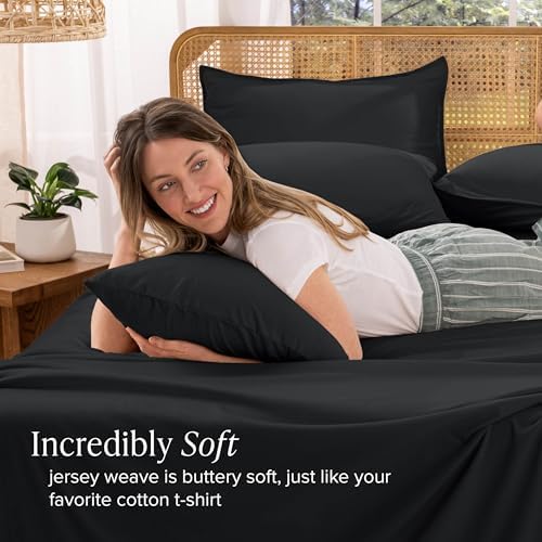 Bare Home 100% Organic Cotton Jersey Sheet Set, Ultra Soft, 100% Cotton - Sheet Set & Pillowcase - Deep Pocket Bed Sheets (Twin, Black)