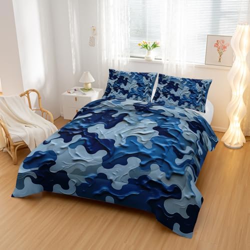 Nttopship Camouflage Bedding Set,Blue Camouflage Pattern Style Full Comforter Set for Adult Teens Camo Bed in A Bag 3 Pieces,Camo Pattern Room Decor with Comforter and 2 Pillow Case
