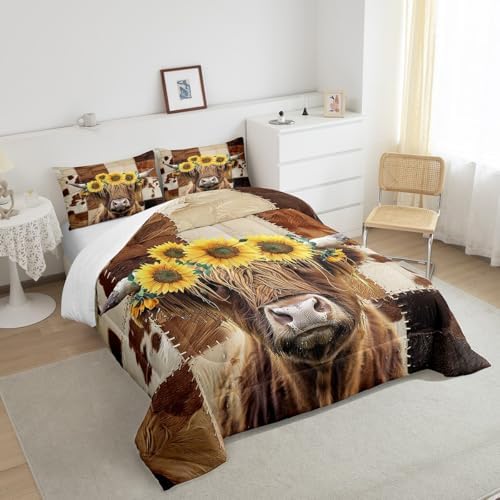 Highland Cow Comforter Set Queen Size,Brown Cow Fur Print Bedding Set 3Pcs for Kids Girls Boys Adult Room Decor,Sunflower Botanical Quilt Set Rustic Farm Animals Duvet Insert,2 Pillowcases