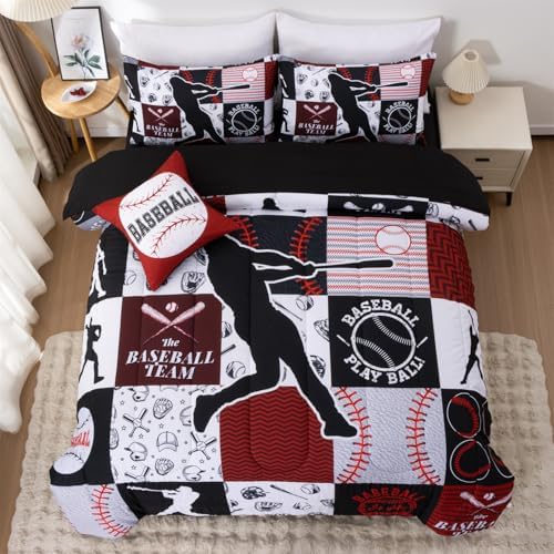 A Nice Night Sports Baseball Comforter Twin Bedding Sets for Boys,Red