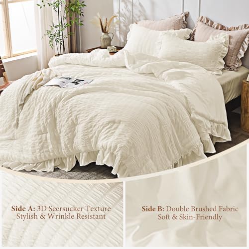 JOLLYVOGUE Oversized King Comforter Set, 3 Pieces Ivory Seersucker Comforters, Lightweight & Fluffy Bedding Sets for All Season with 1 Ruffle Comforter and 2 Ruffle Pillowshams