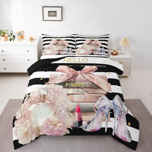 jejeloiu Pink Fashion Comforter Set Toddler Size Kids Black White Striped Bedding Set Boys Girls Floral Duvet Breathable Perfume High Heels Books Quilt Bedroom Decor,1 Comforter with 1 Pillowcase