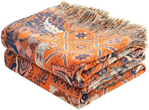 VANJOROY Boho Throw Blanket for Bed Couch 60" x 80", 100% Organic Cotton Skin-Friendly Ultra Soft Quilt Throw - Floral Rustic Living Room Decor Luxury Reversible Blanket for Sofa Chair and Gift