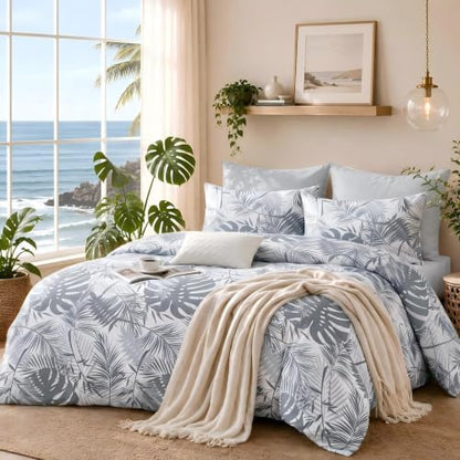MUXHOMO Black&Grey Full Comforter Set, Elegant Floral Print Bed in a Bag 7 Pieces, Ultra Soft & Breathable Reversible Botanical Pattern Bedding Set with Comforter, Sheets, Pillowcases, and Shams