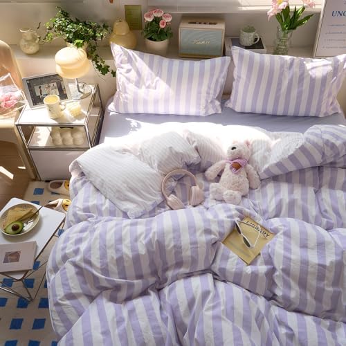LifeTB Striped Comforter Set King, Vintage Purple White Stripes Pattern Printed Bedding Set, Lightweight Soft Striped Bed Comforter with 2 Pillowcases, Farmhouse 3 Piece Comforter Set for All Season