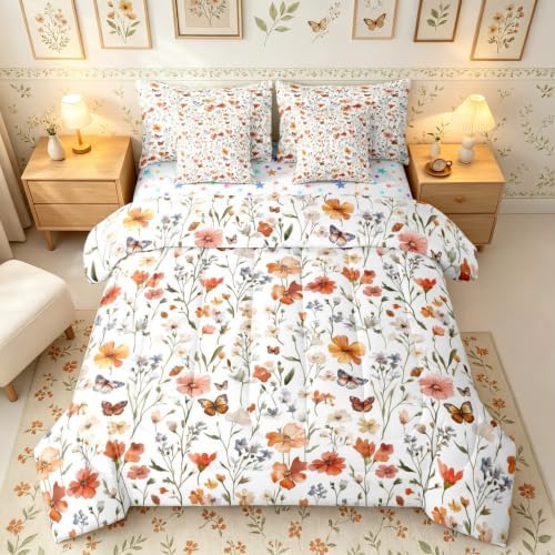 Erosebridal Cute Pink Floral King Bedding Set 7 Piece Colorful Boho Flower Bed in A Bag with Sheets Watercolor Wildflower Butterflies Comforter Set for Kids Girls Women,Rustic Flowers Bed Sets