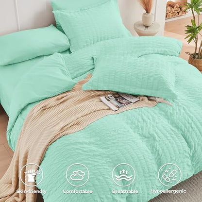 HYMOKEGE Mint Green Full Size Comforter Sets Seersucker 7 Pieces, All Season Luxury Bed in a Bag for Bedroom, Bedding Set with Comforter, Sheets, Pillowcases & Shams