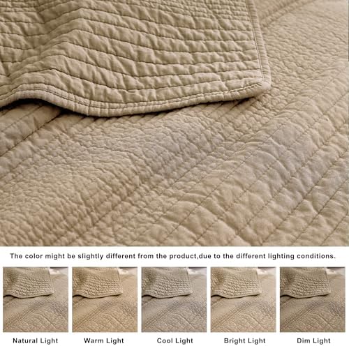 palassio Striped Dark Beige 100% Cotton Quilt Queen Size Bedding Sets, Lightweight Crinkly Channel Pick Stitch Textured Bedspread Soft Shabby Chic Farmhouse Country Coverlet for All Season, 2 Shams