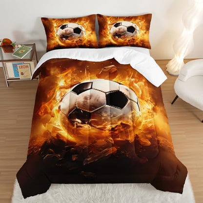 Yellow Soccer Bedding Comforter Set Twin Size with 2 Pillowcases.