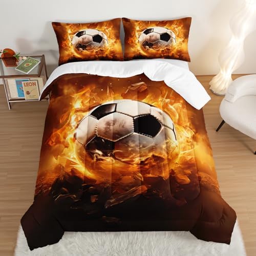 Yellow Soccer Bedding Comforter Set Full Size with 2 Pillowcases.