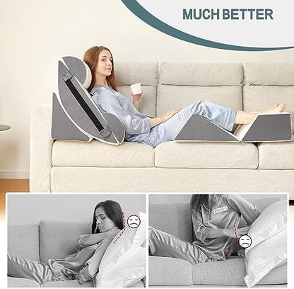 Wedge Pillow for Sleeping - High Density Foam Triangle Pillow for Elevated Sleeping, Post Surgery Support, Bed Wedge Pillow for Headboard, White Grey, 7.5" (White Grey, 6PCS)