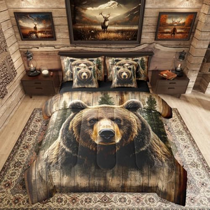 Erosebridal Bear 7 Piece Bedding Set Twin Size,Hunting Theme Bed in a Bag,Rustic Cabin Lodge Bed Set Includes Comforter, Sheet Set, Pillowcases & Pillow Covers All Season Bedroom Decor
