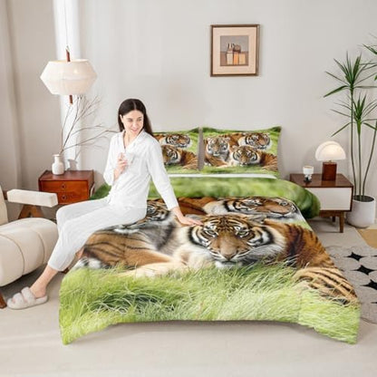 Erosebridal Tiger Bedding Set King,Safari Animal Comforter Set for Kids Boys Teens Adults Men,Tigers Family Down Comforter Cool Wildlife Bedding Sets Green African Grassland Quilt Duvet Set 3 Pcs