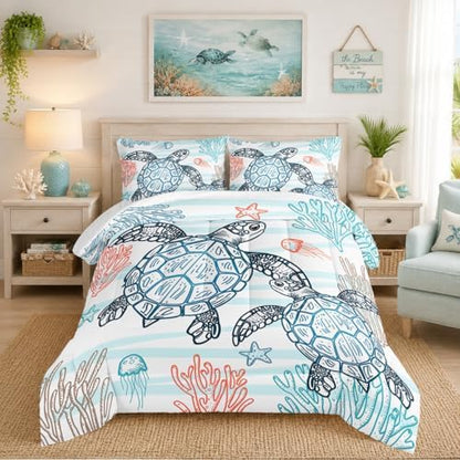 HOSIMA Kids Sea Turtle Comforter Full,Coastal Bedding with 2 Pillowcases.
