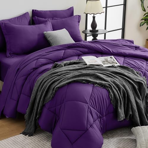 HEVUMYI 7-Piece King Comforter Set, Purple Bed in a Bag
