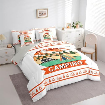 Erosebridal Camper Decor Comforter Set with Sheets Happy Camping Twin Size 7 Piece Bedding Set Rv Travel Trailer Bed in A Bag for Kids Teens Adult Bedroom Vintage Rustic Farmhouse Bed Sets, Orange