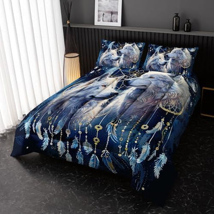 Wolf Dream Catcher Comforter Set - Twin Size Modern Wildlife Animal Tie Dye Wolf Bedding Set for Girls Boys Kids Teens with 2 Pillowcases