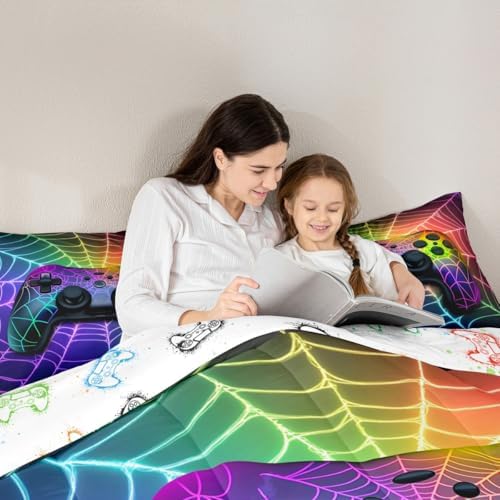 Erosebridal Gaming Comforter Set Rainbow Spider Web Kids Comforter Sets,Game Consoles Bedding Gothic Cobweb Sports Bedding Sets for Boys King,Gamer Room Decor for Boys Bedroom Decor Gamer Gifts
