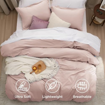 Bedsure Prewashed Duvet Cover King, Cotton-Like Soft Bedding Set, Rose Pink