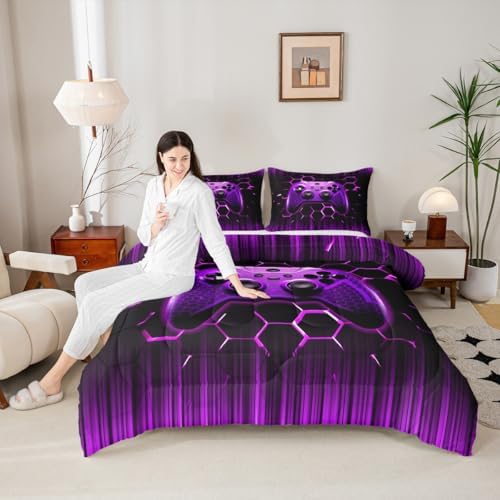 Manfei Geometric Gamepad Comforter Set Twin Size, Modern Gamer Bedding Set 2pcs for Kids Boy Girls Game Room Decor, Purple Honeycomb Gaming Down Comforter Videogame Quilt Set with 1 Pillowcase