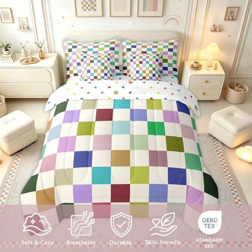 Feelyou Colorful Checkered 7 Piece Bedding Set Teen Retro Modern Geometric Colorful Comforter Set with Sheets King Size Kids Boys Cute Neutral Plaid Bed in a Bag Vintage Aesthetic Room Decor