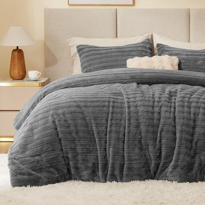 BEDELITE Faux Fur King Size Comforter Set, Fluffy Bed Set, Grey