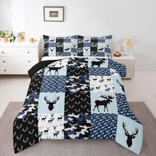 Cute Deer Comforter Set King, Military Camo Bedding Set for Kids Boys Girls Teens Bedroom Tribal Animal Antlers Silhouette Quilted Comforter Checkered Plaid Arrows Bedding Comforters, Army Blue&White