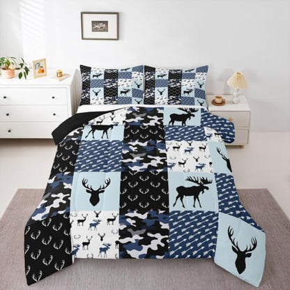 Cute Deer Comforter Set King, Military Camo Bedding Set for Kids Boys Girls Teens Bedroom Tribal Animal Antlers Silhouette Quilted Comforter Checkered Plaid Arrows Bedding Comforters, Army Blue&White