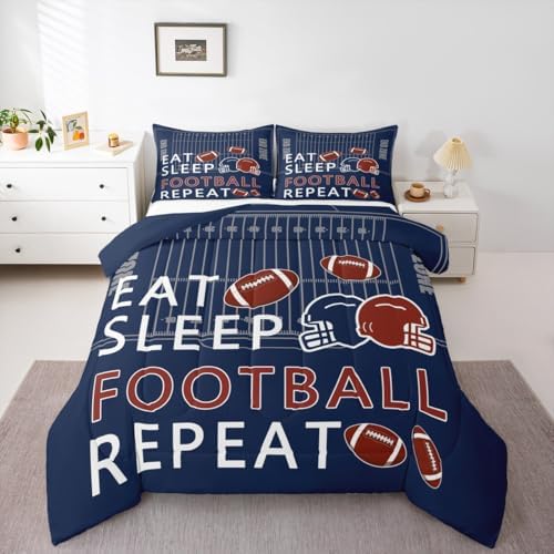 Castle Fairy Rugby Twin Size Comforter Set,Football Field Quilt Set Soft Bed Collection,Ball Sports Games Navy Blue Bedding Comforter for Boys Girls Room Decor,2 Pcs