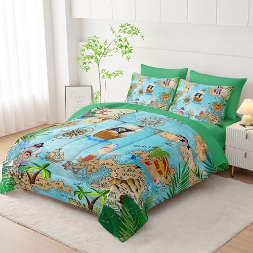 7Pcs Comforter Set Pirate Ship Printed Bedding Set with 1 Comforter, 1 Flat Sheet, 1 Fitted Sheet and 4 Pillowcases for Boys and Girls Bedroom All Season(Pirate Ship Queen)