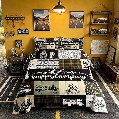 Castle Fairy Camping Camper Full Size Comforter Set,RV Inside Decor Rustic Patchwork Bedding Comforters Bedroom Collection,Farmhouse Lodge Hunting Green Check Bedding Set for Girls Teens