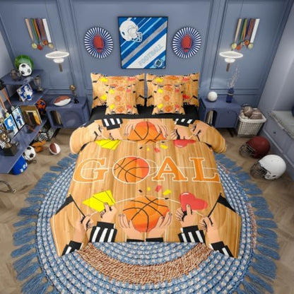 Erosebridal Orange Basketbal Ball Games Sports Theme 7 Piece Bedding Set Twin | Boys Gaming Pattern Boys Kids Comforter Set with Sheets Geometric Bed in A Bag Playground Bed Sets