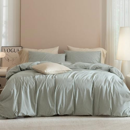 JIYUAN Oversized King Washed Cotton Duvet Cover Set, Linen-Like Pinstripe