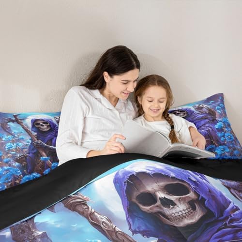 Skeleton Kids Comforter Set Twin Size,Skull Blue Poppy Flowers Moon Trippy Bedding Set,Girls Boys Room Decor,Happy Halloween Vintage Quilt Comforter,Gothic Romantic Duvet Insert,1 Pillowcase