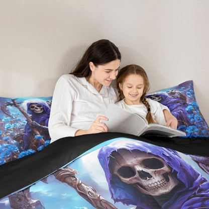 Skeleton Kids Comforter Set Twin Size,Skull Blue Poppy Flowers Moon Trippy Bedding Set,Girls Boys Room Decor,Happy Halloween Vintage Quilt Comforter,Gothic Romantic Duvet Insert,1 Pillowcase