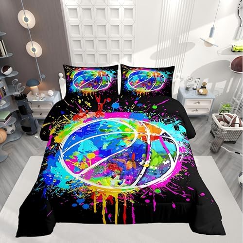 Basketball Comforter Set Queen Size,Watercolor Tie-dye Bedding Set Kids Young Man,Color Graffiti Hip Hop Style Comforter for Teen Child Room Decor,Sport Gaming Quilted Duvet Set with 2 Pillowcase